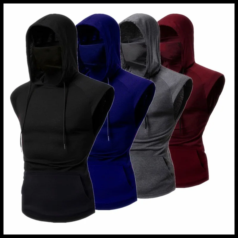 Men's Daily Fitness Clothing Hooded With Mask Solid Color Sleeveless Sports T-Shirt