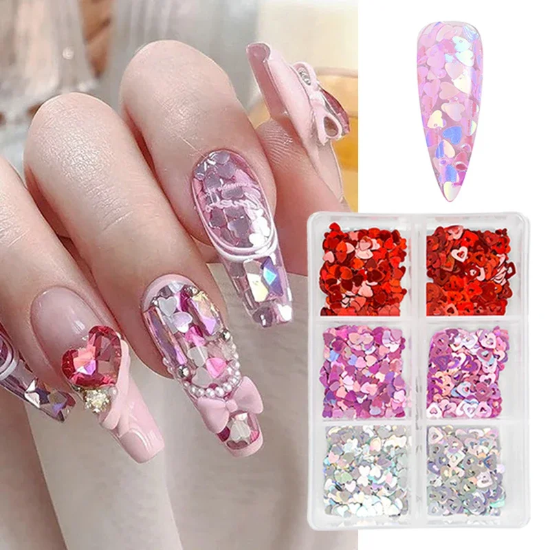 

6 Grids Colorful Love Charm Nail Accessories Valentine's Day Nail Art Sequins Shiny Heart Glitter Flakes Nail Supplies