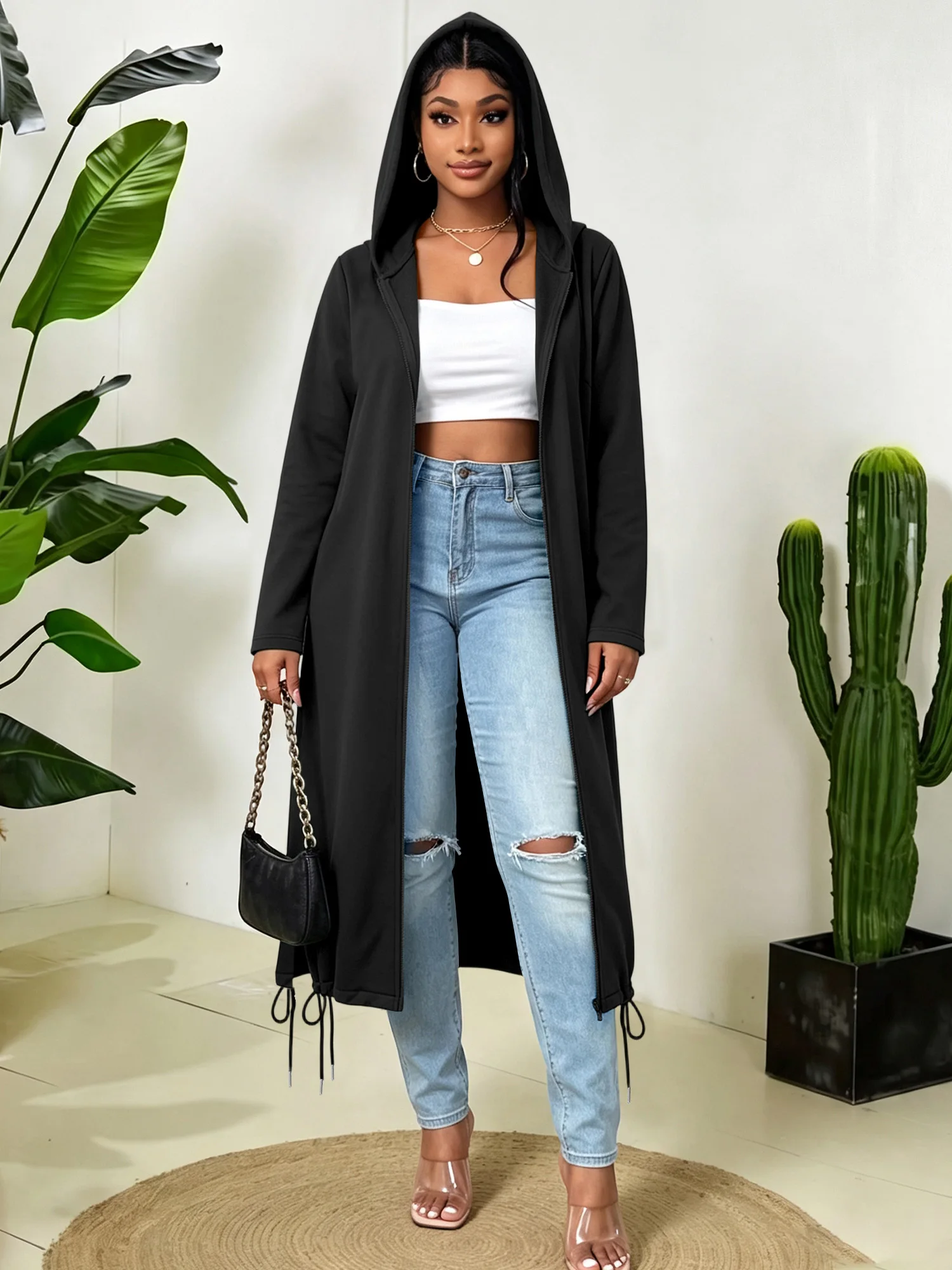 Plus Friendly Women Maxi Zip Up Hoodie Coat Oversized Long Sleeve Side Split Drawstring Hem Pocket Outerwear