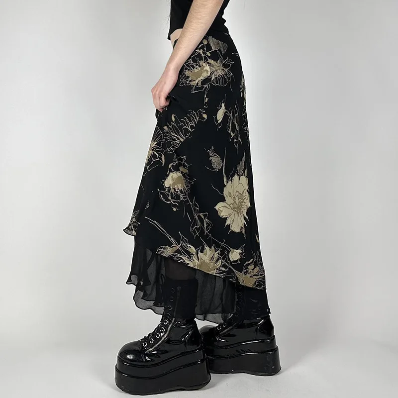 Y2K Aesthetics Mesh A-line Skirt Women Floral Print Slim Skirts Fairy Streetwear Gothic Bottoms Vintage Sweet Trendy 2026 New