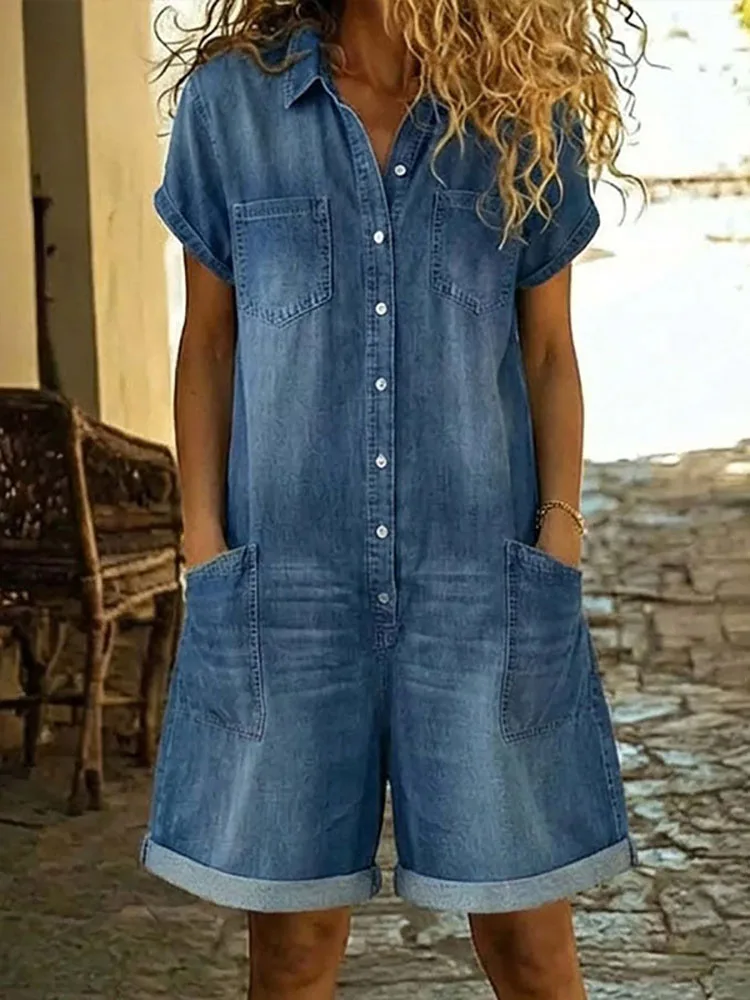 

Летние джинсовые комбинезоны с высокой талией 2026: винтажные, с отложным воротником, множеством карманов, коротким рукавом, свободного кроя, для повседневной носки, с широкими штанинами