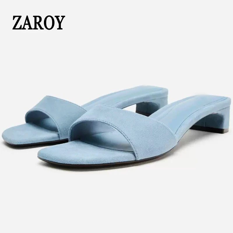 

Casual Pull On Square High Heel Slippers Women Summer Footwear Suede Light Blue Backless Slide Brand Designer Party Dress Shoes