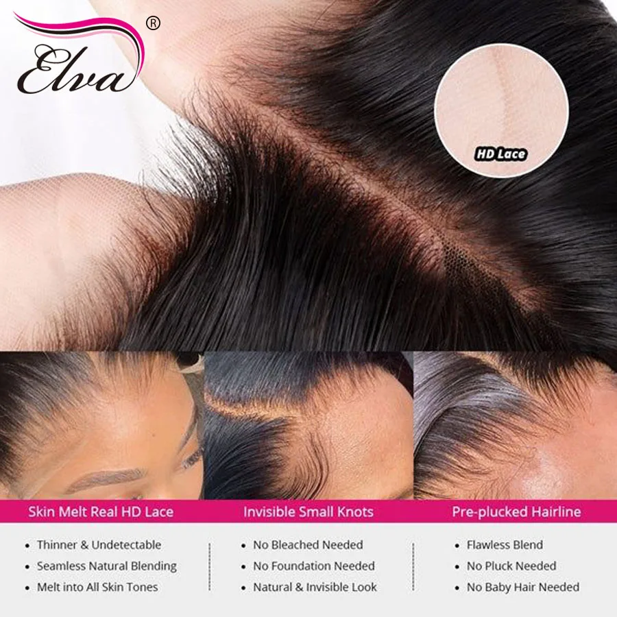 Elva Hair Ultra Thin Swiss HD Film Lace Melt Skins Human Raw Hair Frontal Closures Straight Body Wave Invisible HD Lace Frontal
