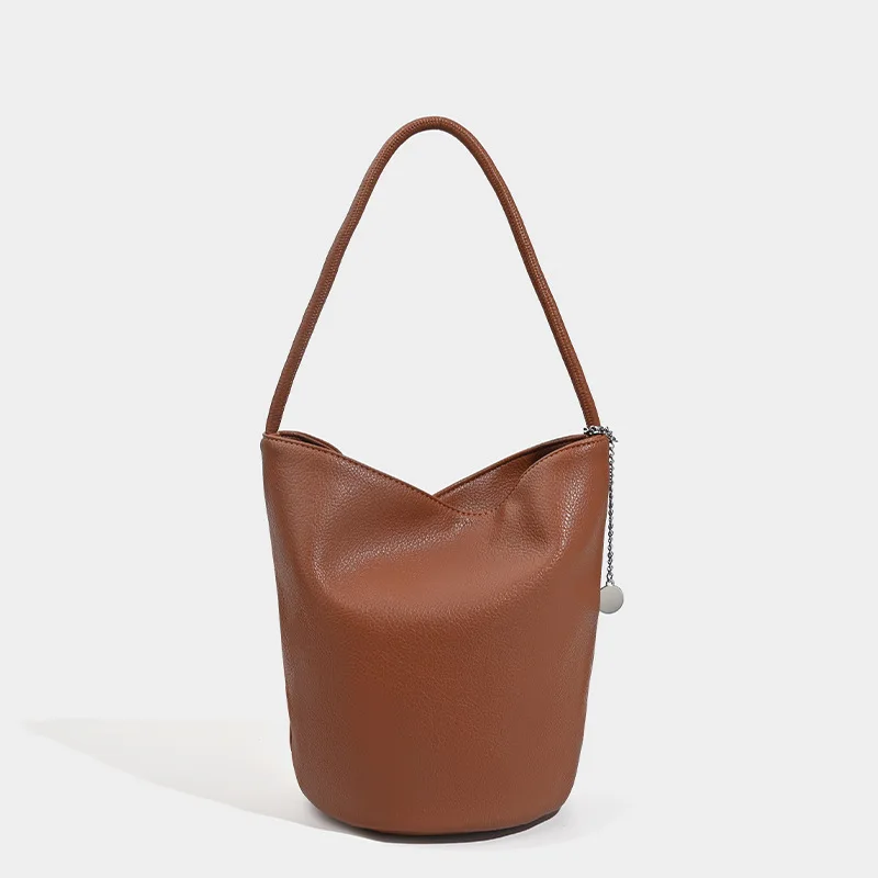 Autumn New Soft Solid Color Pu Leather Bucket Bag Simple Design Woman's Shoulder Bag OL Daily Commute Underarm Handbag Purses