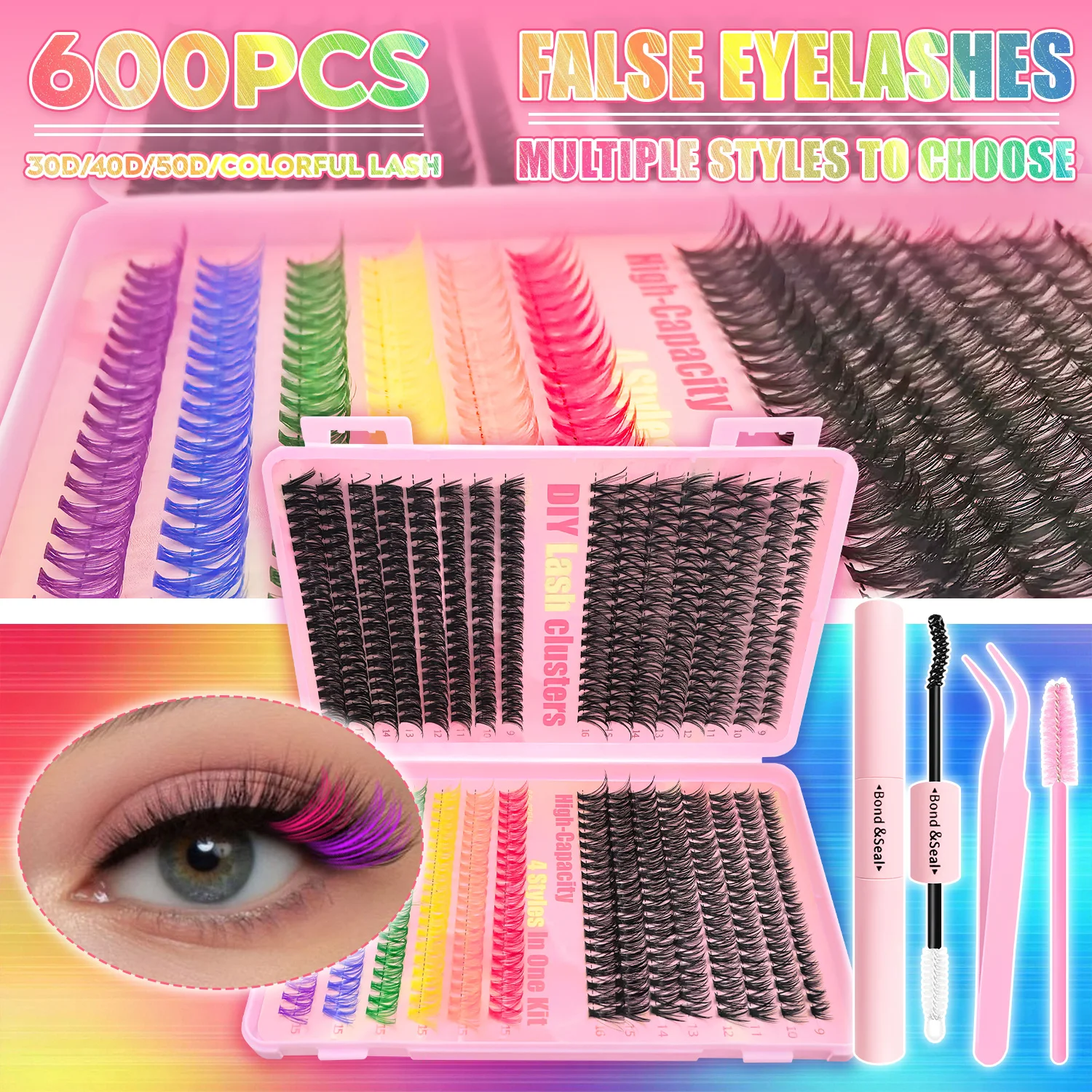 Kit de extensiones de pestañas DIY 3040506080D pestañas coloridas D rizo grupos de pestañas, 9-16mm mezclado, pestañas naturales esponjosas Extra gruesas