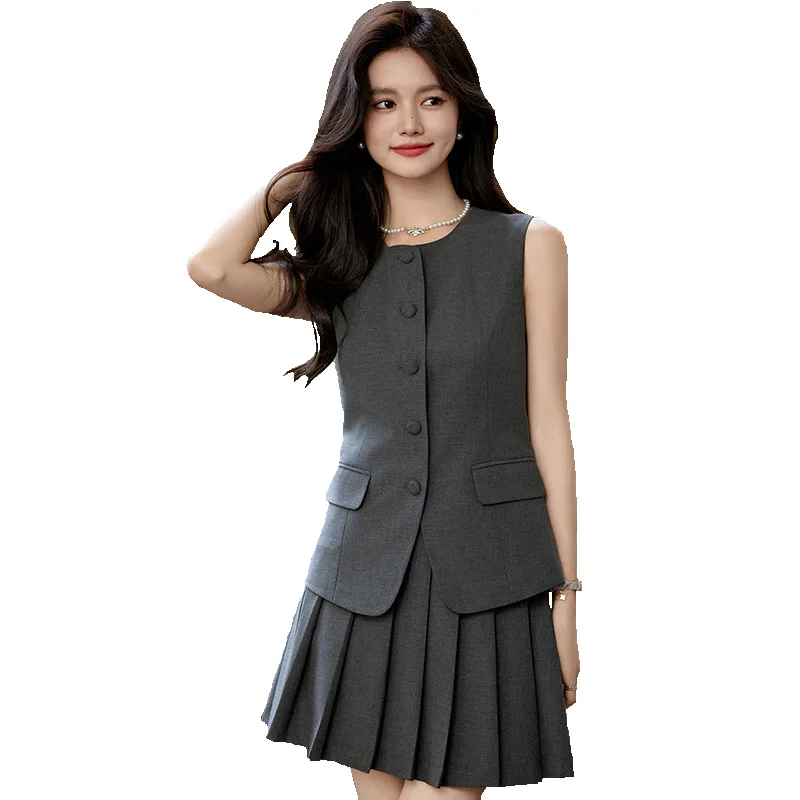 Chic And Elegant Woman Vest Set Spring Summer Fashion Sleeveless Single Breasted Tops+Pleated Skirt Suits Y2k Female Outfits