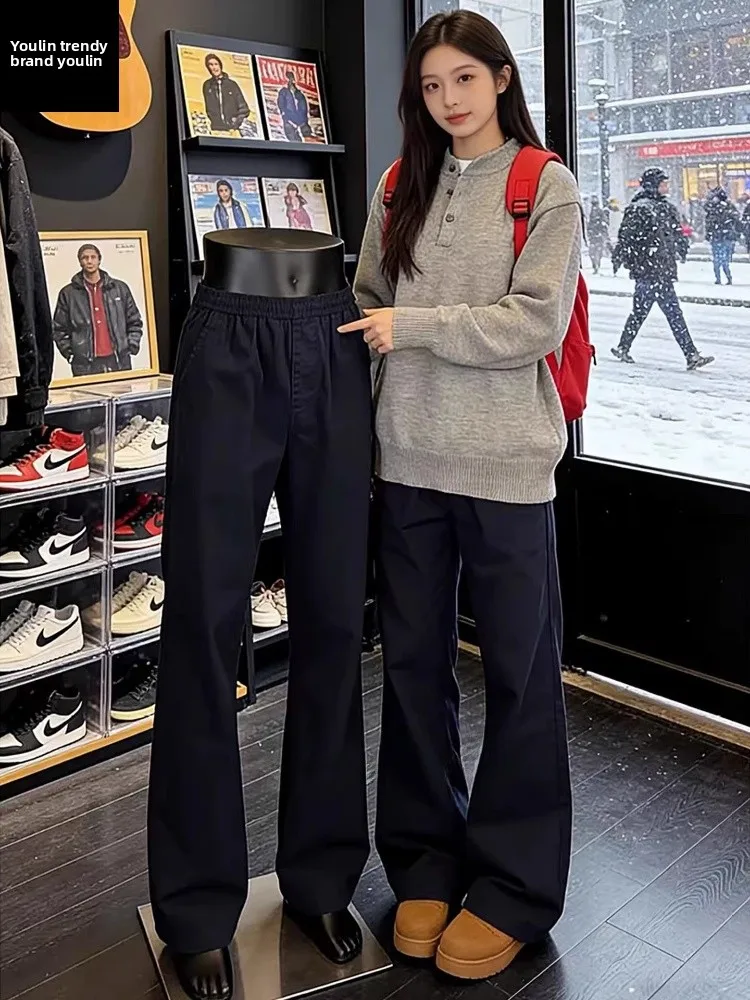 

Ретро-рабочая одежда, синие джинсы, мужские брюки прямого кроя, удлиненные, в американском стиле, повседневные брюки, молодежные трендовые брюки с низкой талией, из полиэфирного волокна