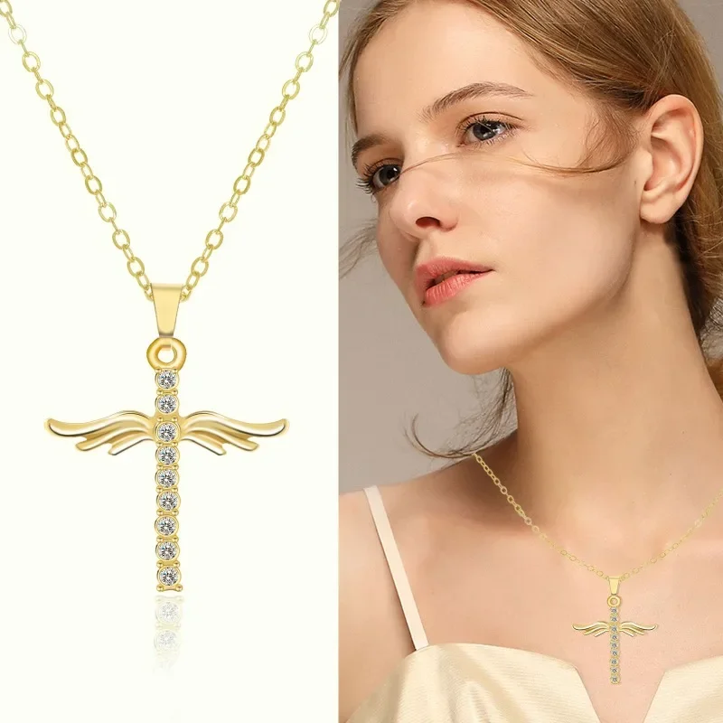 Women Angel Wings Cross Pendant Necklace For Woman With O Type Stainless Steel Chain Necklace Fashion Jewelry Gift 2024