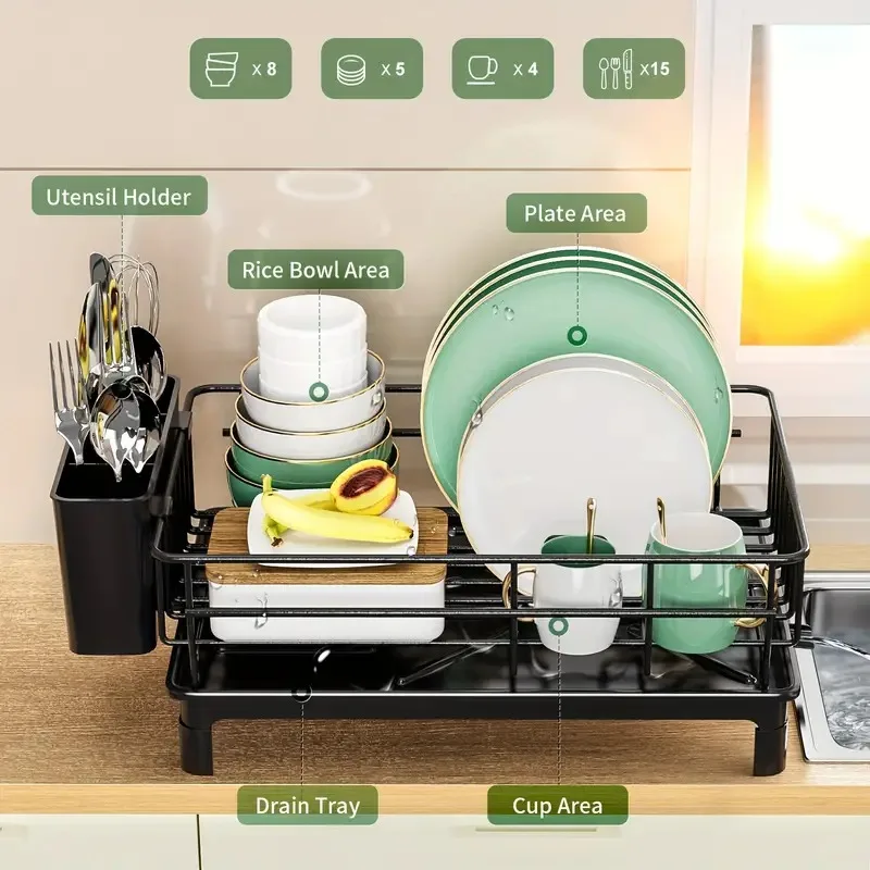 Rustproof Dish Drying Rack Kitchen Countertop Dish Rack Dish Drainer Organizer with Utensil Holder＆ Drain Board for Kitchen Sink