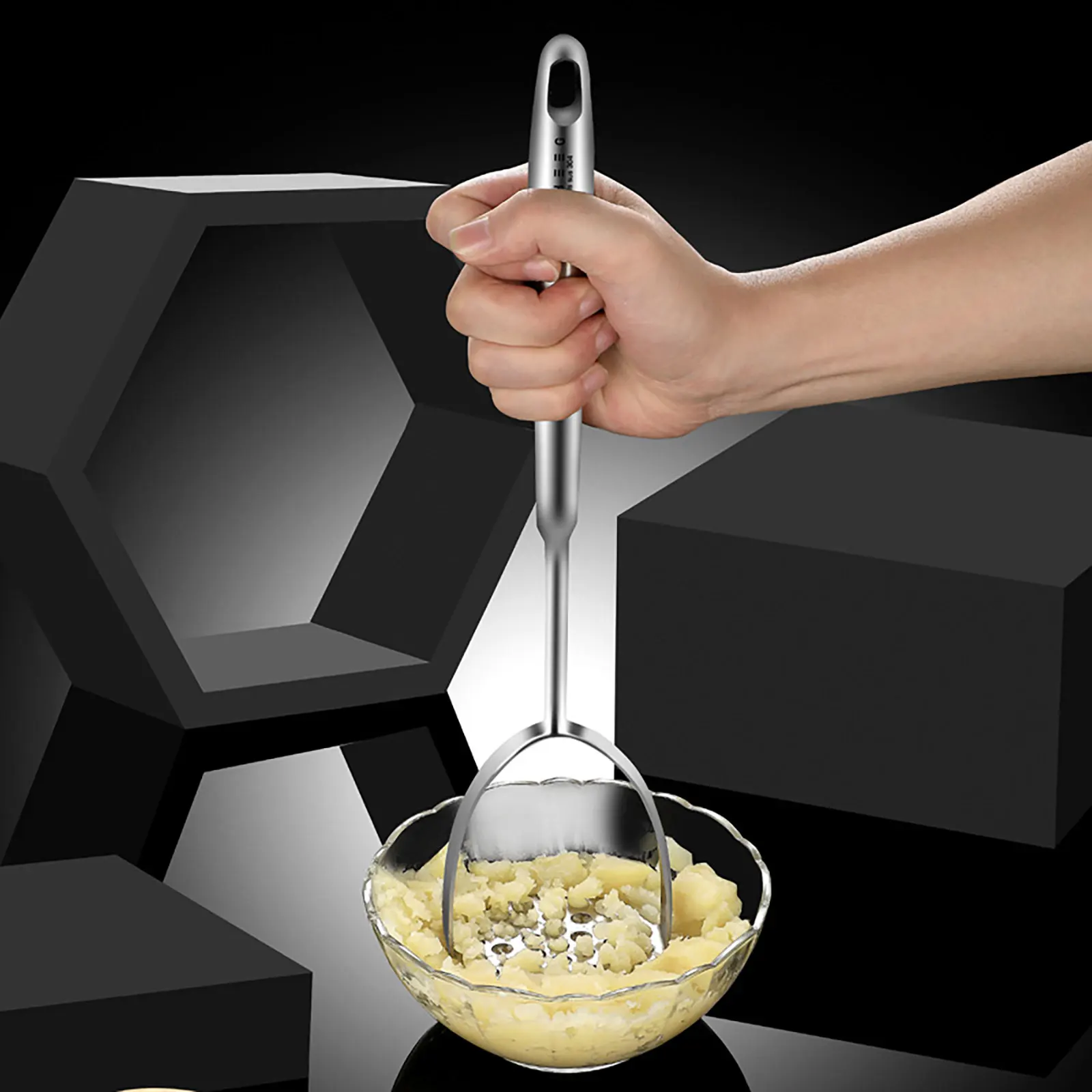 

Stainless Steel Potato Masher Multifunctional Manual Kitchen Tool Space-Saving Hook Easy to Clean Curved Holes for Baby