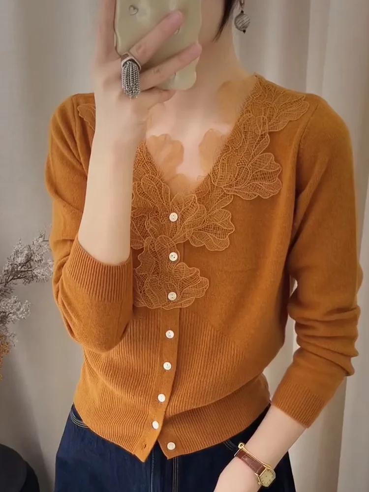 

Ele Lace Splice Knitted Open Cardigan Autumn New Sle plus Size Versatile Youthful Top Design Sensation Korean Loose Fit