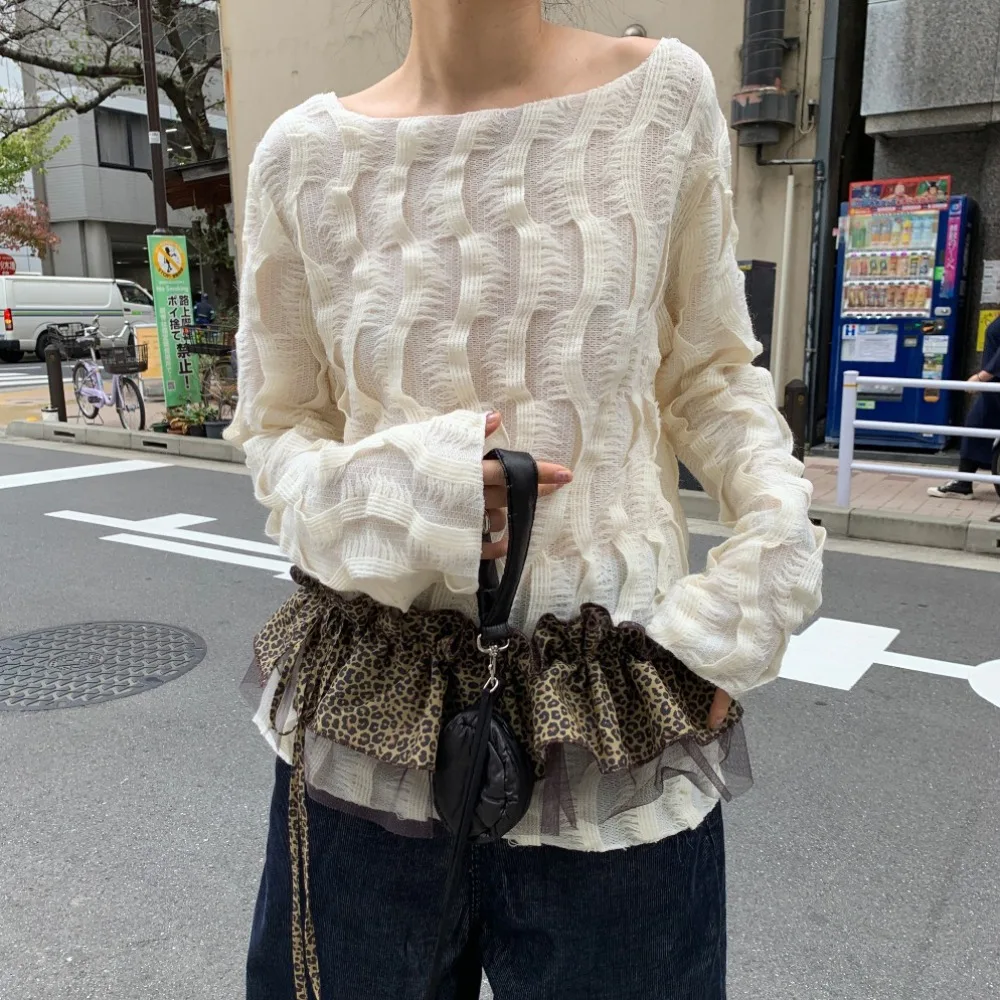 Hip-Hopเสือดาวพิมพ์สะโพกผ้าพันคอกระโปรงเสื้อExtenderตาข่ายRuffled Edgeเข็มขัดY2Kหวานชั้นชุดเข็มขัดกางเกงยีนส์Decor