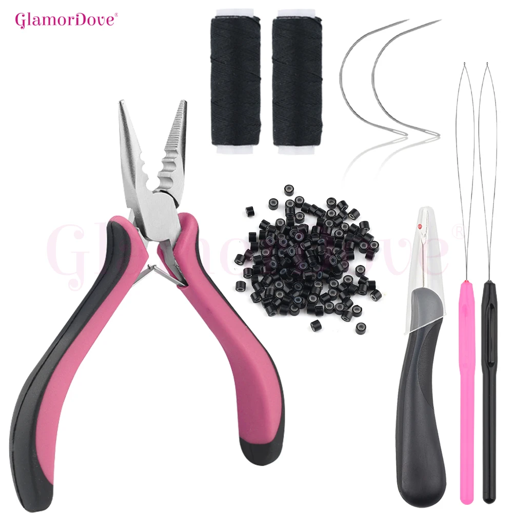

GlamorDove Hair Extension Kit – 3 Hole Pliers, C-Shaped Hooks, Loop Tools, Seam Ripper & 200pcs 4.0 Micro Beads