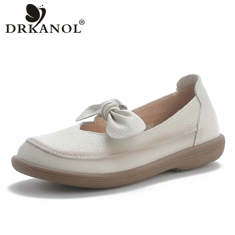 DRKANOL Fashion Women Flat Shoes Spring Summer Shallow Genuine Leather Casual Loafers Ladies Literary Style Ballet Flats Shoes