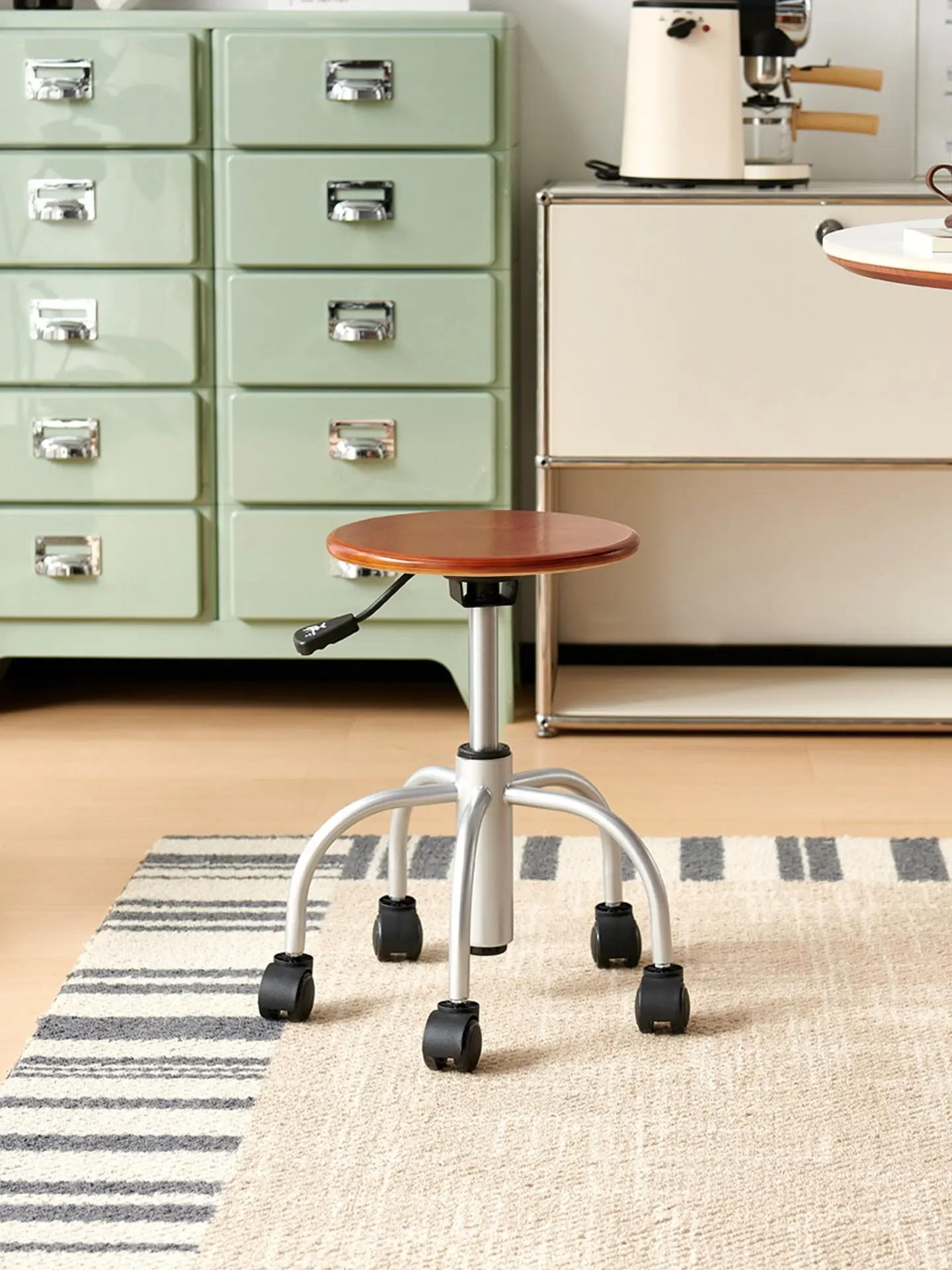style solid wood Mid-century mobile stool, rotating low stool for home living room, with wheels, quiet and comfortable, suitable
