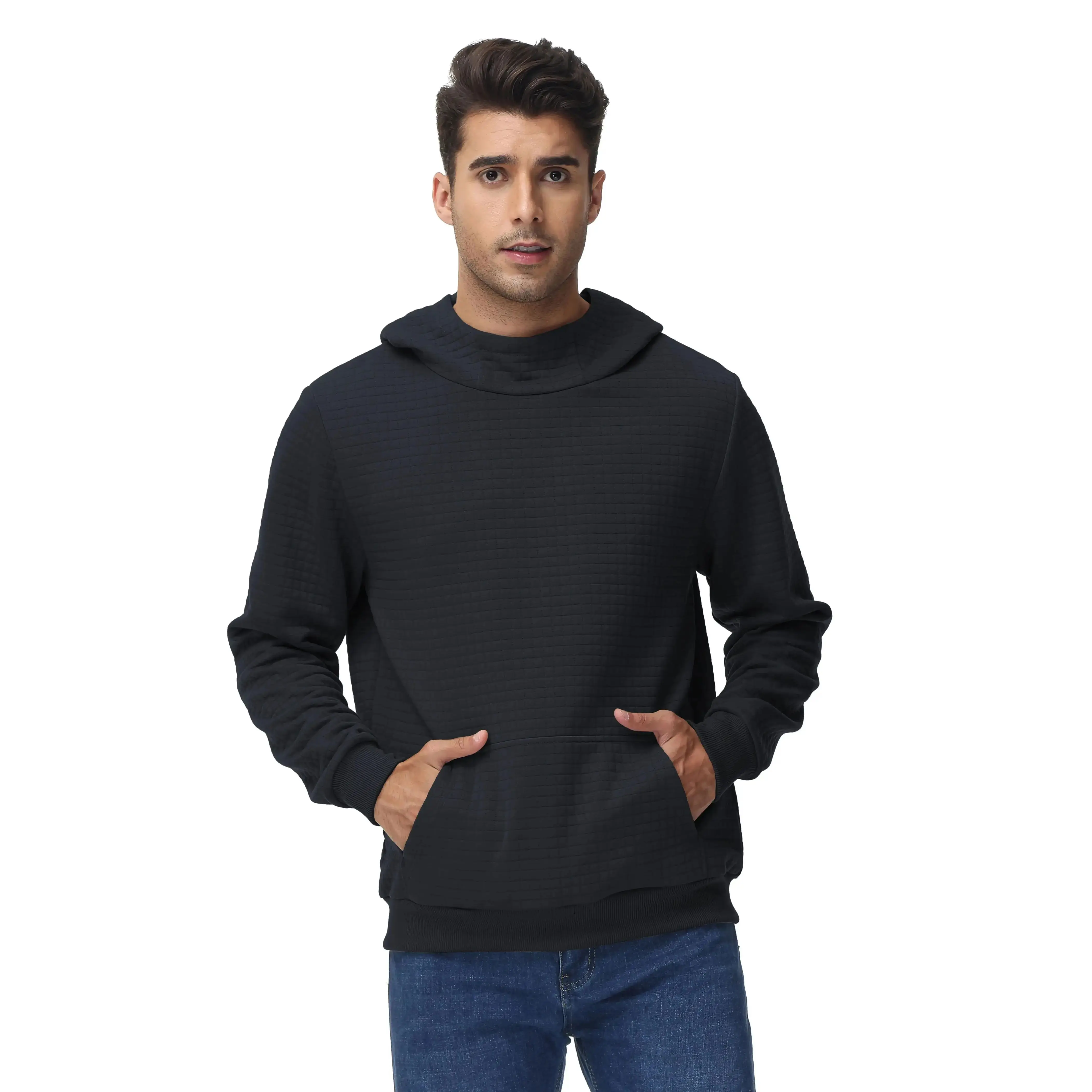 Men's Casual Hooded Sweatshirts Jacquard PlaidCloth Long Sleeve Pullover Hoodie Training Sweatshirt Cozy Warm Top