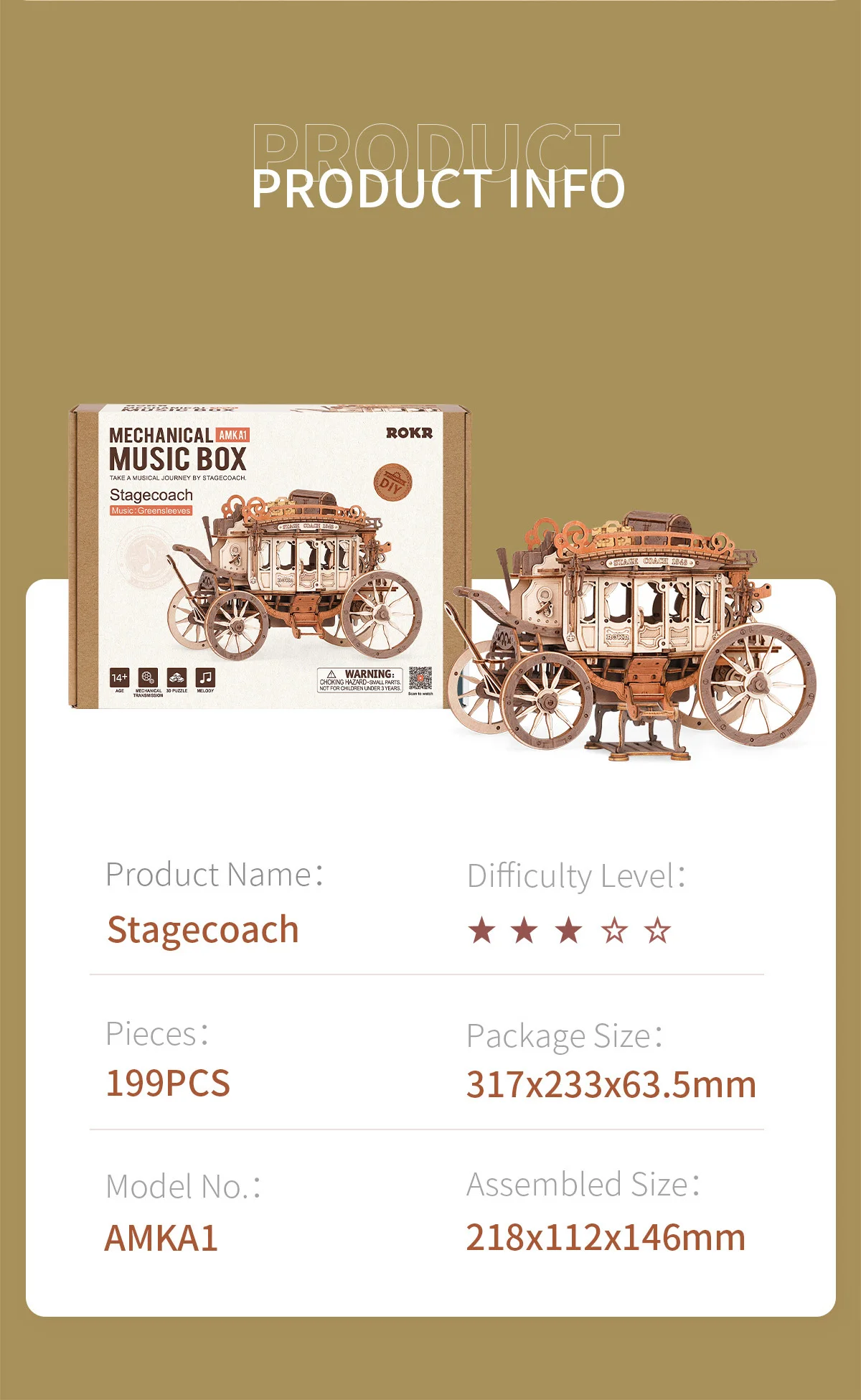 Robotime Rokr Stagecoach Music Box 3D Wooden Puzzle for Adults Birthday Anniversary Day Gift Hobby STEM Kits Model Easy to Build