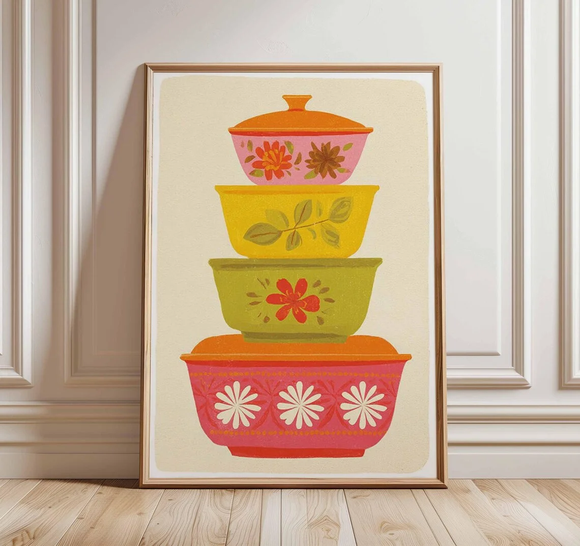 Póster Retro Pyrex, Arte de Pared para Cocina de Mediados de Siglo, Impresión de Tazones Apilados Vintage, Decoración Colorida para el Hogar de los 70, Ilustración Retro de Cocina