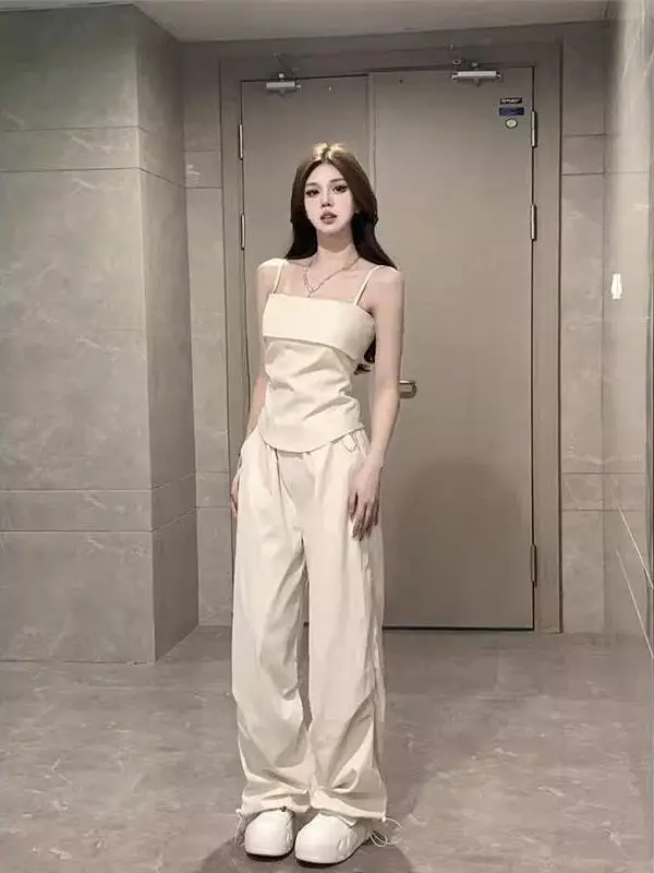 

Summer New Gentle Style Women's High Waist Loose Wide Leg Straight Pants Set Korean Version Slim Fit Strap Top Fashion Set