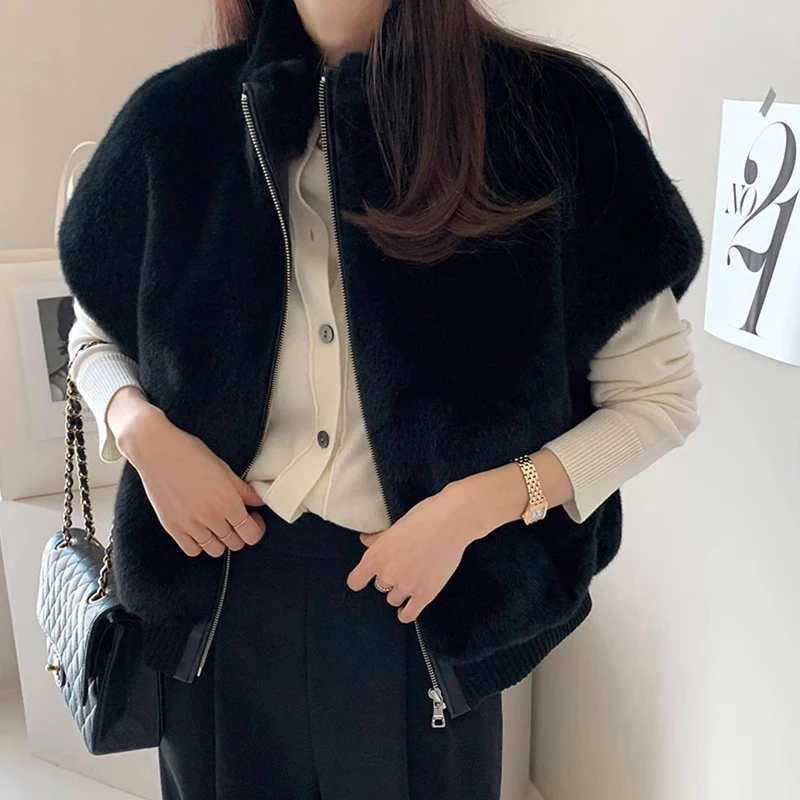 Chic Autumn Winter Vintage Simple Stand Collar Fake  Fur Loose Versatile Zipper Sle Fur Vest Jaet Women