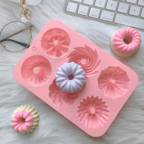 Oven Baking Tool Flower Swirl Design 6 Cavity Multicolor Silicone Donut Cake Muffin Mousse Tray Mold
