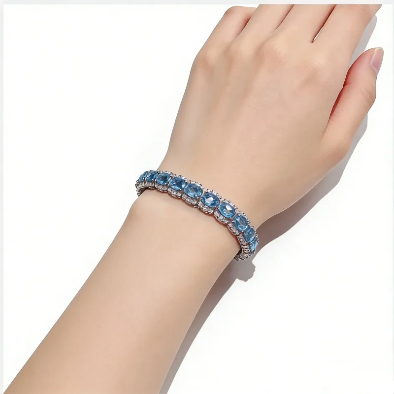 S925 Sterling Silver Natural Swiss Blue Topaz Bracelet 4*5mm Oval CZ Halo Link Bracelet Women Fine Jewelry Gift