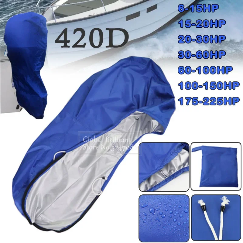 420D 6-225HP Boat Full Outboard Engine Cover Waterproof Sunshade Dust-proof Protection Blue For 6-225HP Motor 