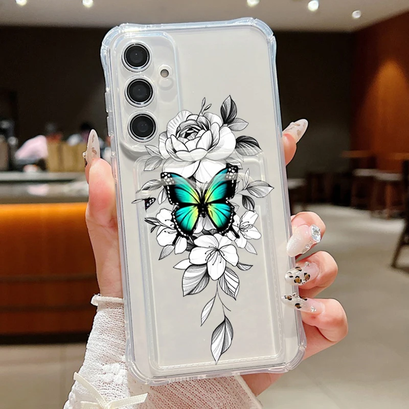 حافظة لهاتف سامسونج جالاكسي S25 S24 S22 S21 Ultra S23 S24 FE A56 A55 A35 A15 A16 5G غطاء هاتف ناعم مطبوع على شكل فراشة