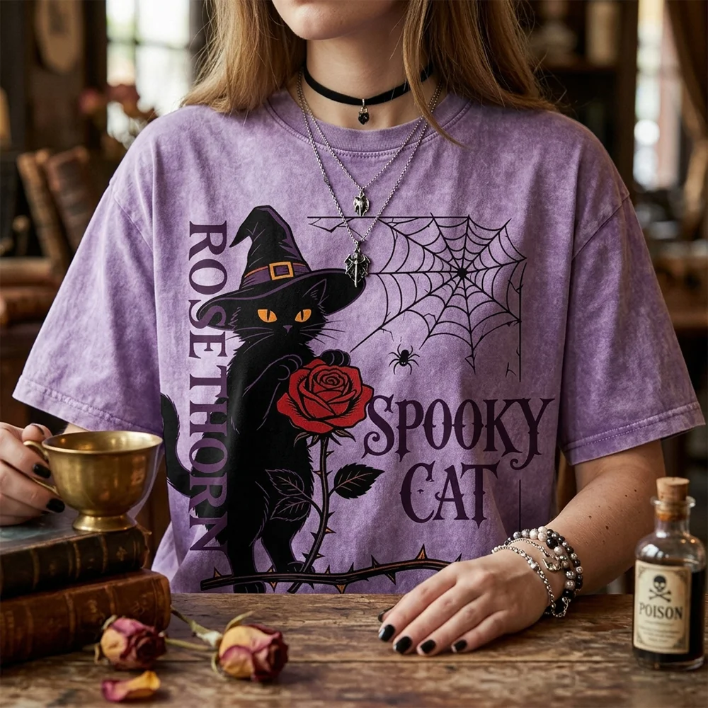 Women  T Shirt Spooky Cat Rosethorn Graphic Printed Witch Hat Spider Web Vintage Washed Oversized Short Sleeve Cotton Top