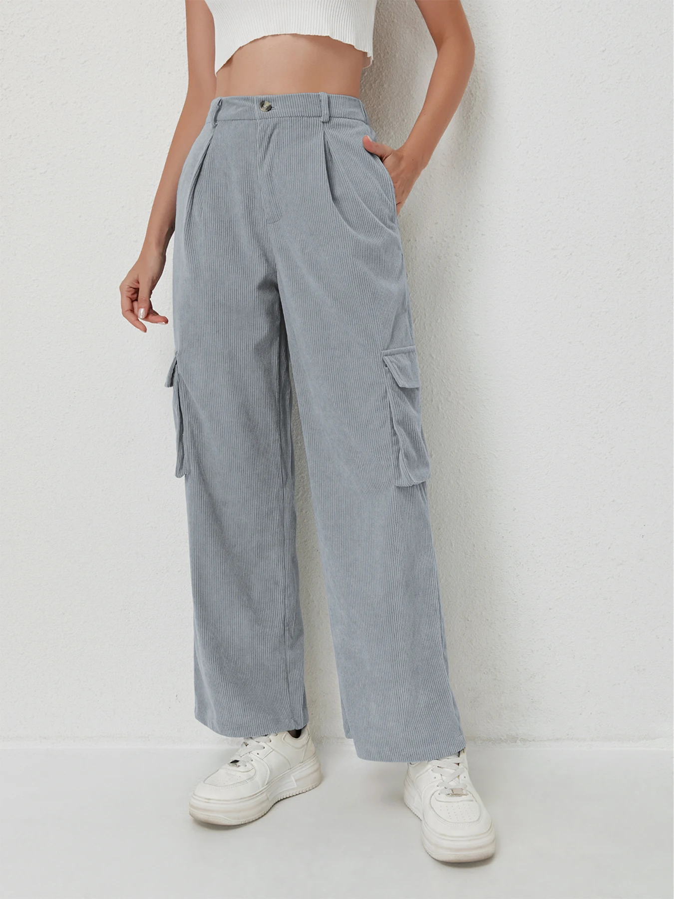 Women's Casual Trousers Corduroy Trousers Multi-Pocket Drap…