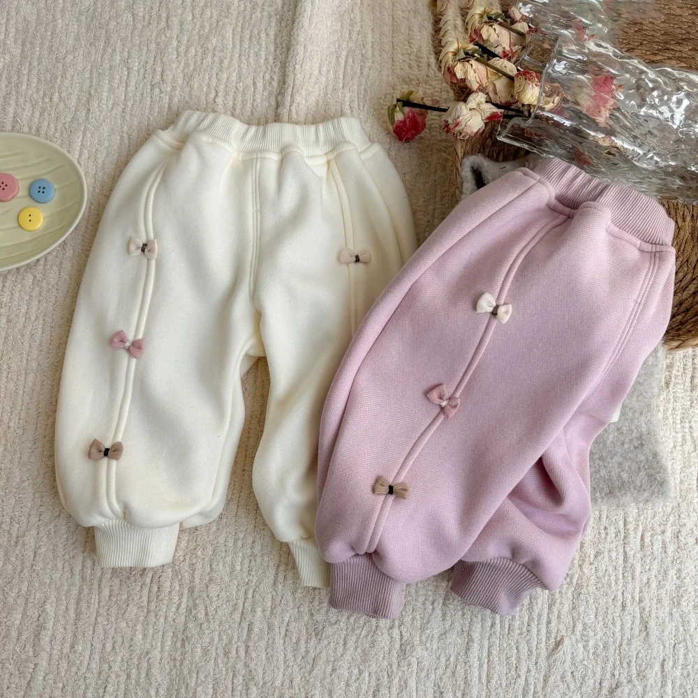 2024 Korean Winter Baby Girls Pants Cotton Plus Velvet Knotbow Loose Versatile Infant Girls Pants Toddler Girls Trousers