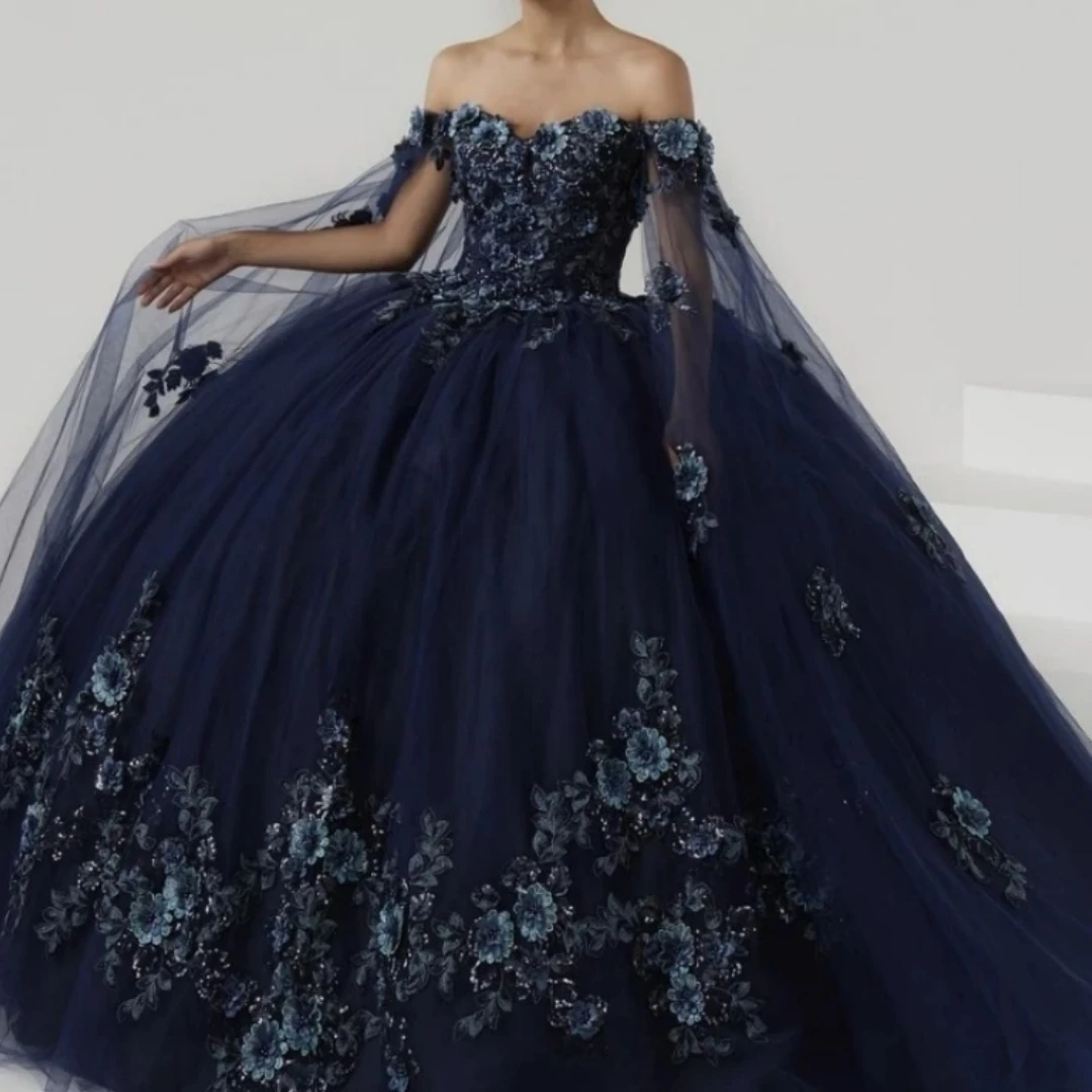 Customized Luxury Navy Blue Women Birthday Party Dress Off Shoulder Flower Ball Gown Vestidos De 15 Quinceañera Sweet 16 14 VX