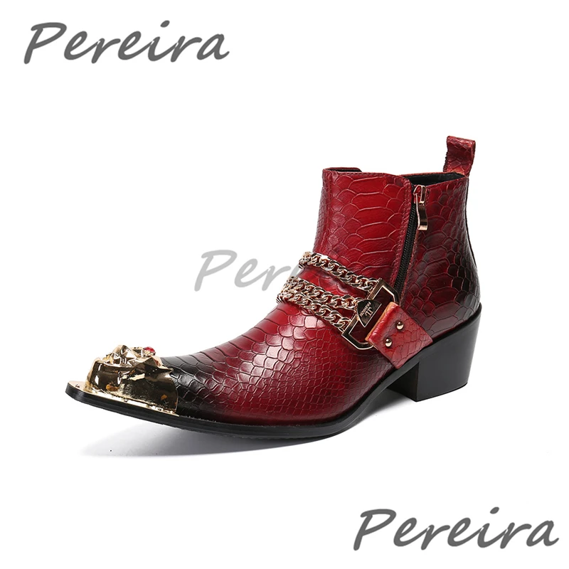 Fashion Metal Chain Chelsea Boots for Men Red Orange Iron Pointed Toe Genuine Leather Zipper Ankle Boots Party High Heel Shoes