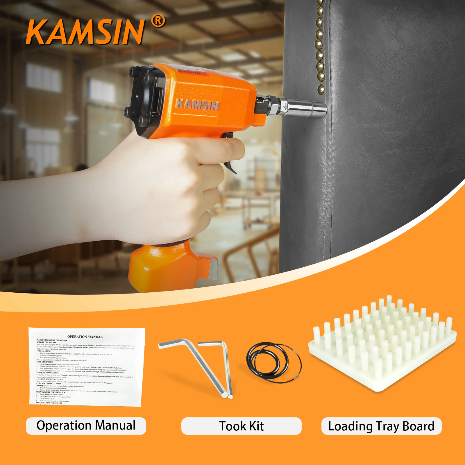 KAMSIN Pneumatic Decorative Pin Nailer , Open Box, 1170 & 1620 & 2030, Finish Upholstery Tacks Stapler for Furniture