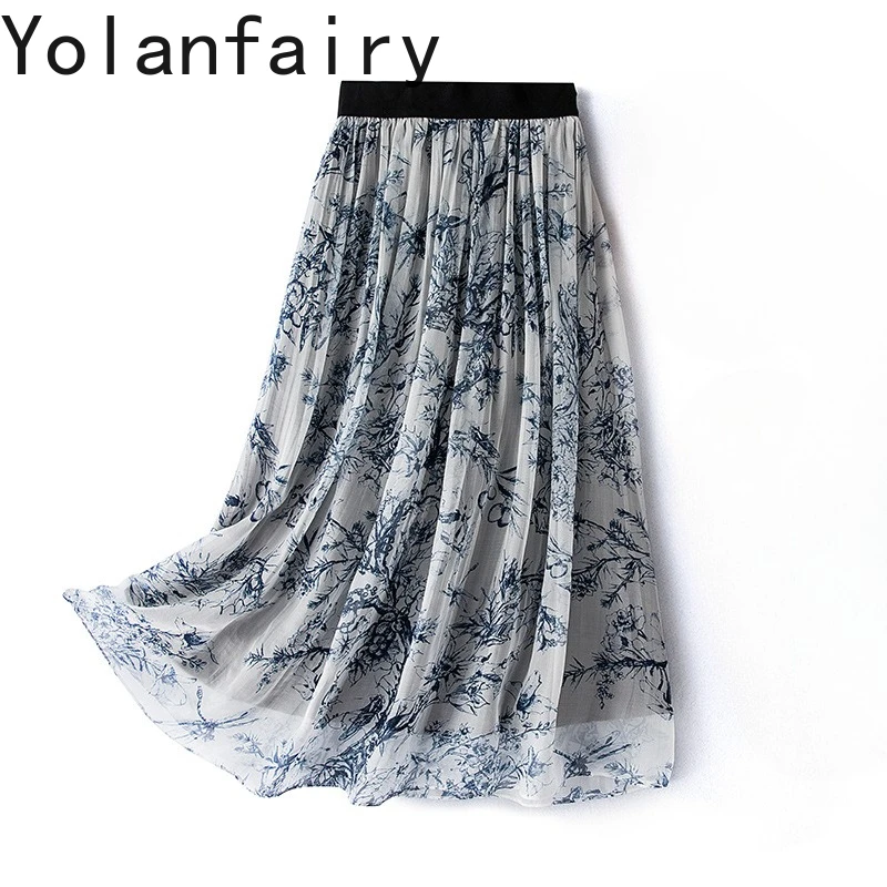 YOLANFAIRY Fashion 100%Real Mulberry Silk Skirt for Women Summer Clothing Elastic Waist Elegant Floral Skirts Long Holiday Skirt