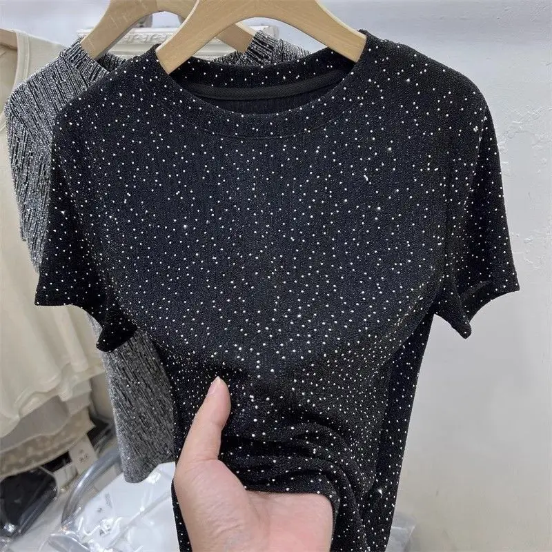 Summer New Round Neck Fashion Short Sleeve T-shirt Women High Street Casual Loose Bright Silk Pullovers Youth All-match Tops