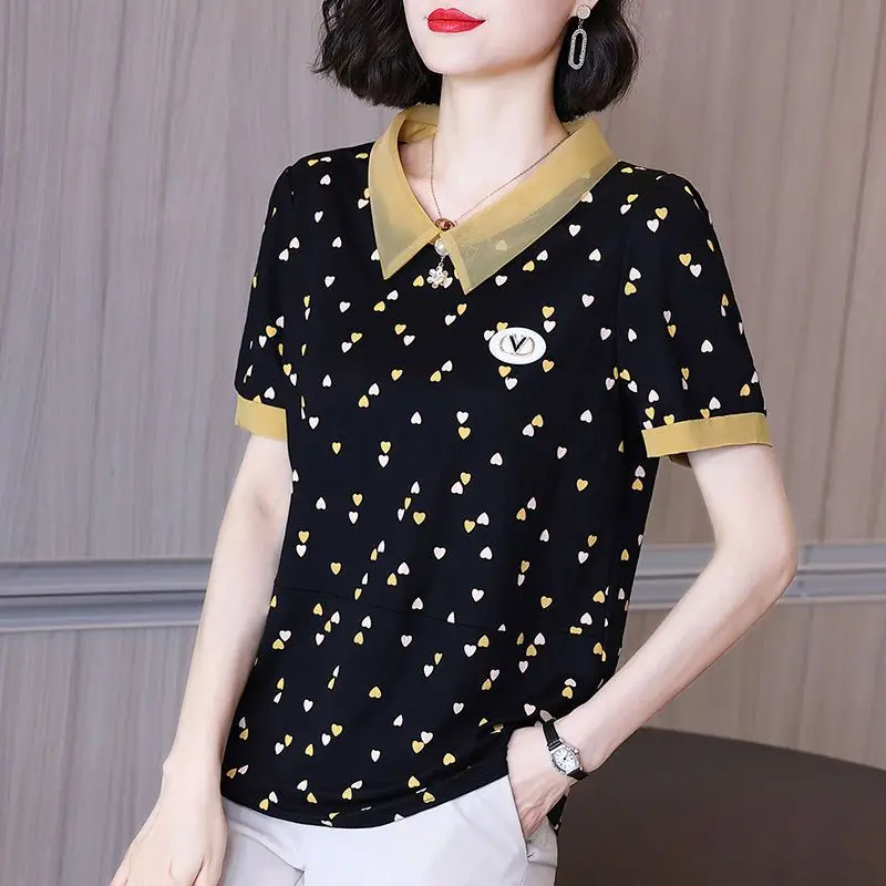 Vintage Heart-shaped Printed Blouse Summer Stylish Gauze Turn-down Collar Spliced Patch Women's Clothing Casual Designs Shirt