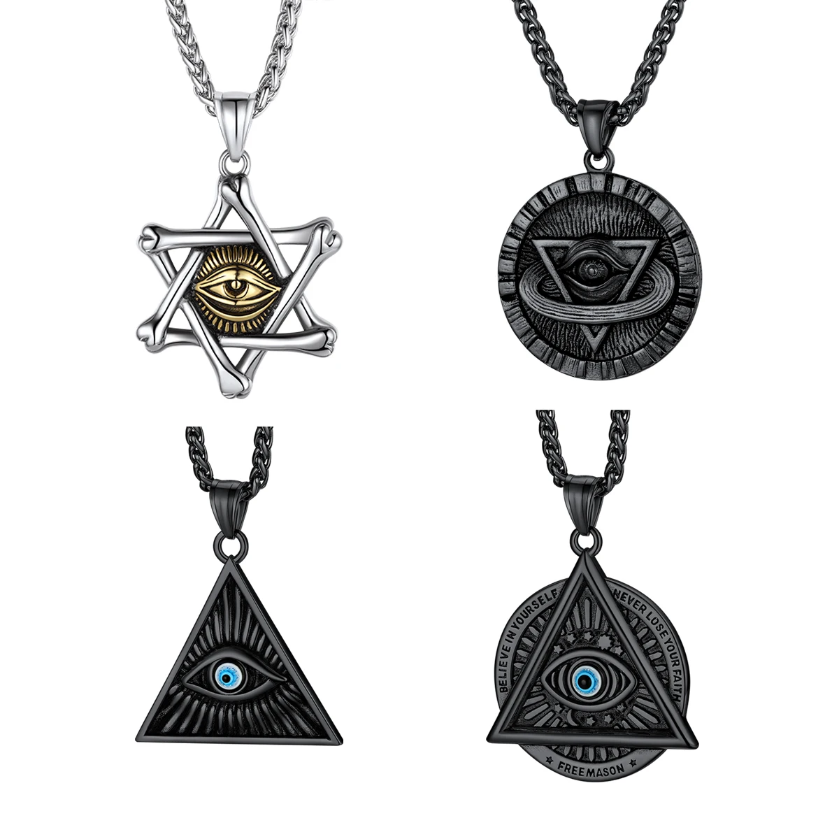 ChainsPro All Seeing Eyes Necklaces 316L Stainless Steel Magen David Star Pendant Necklace for Man 3mm 55+5CM Link Chain