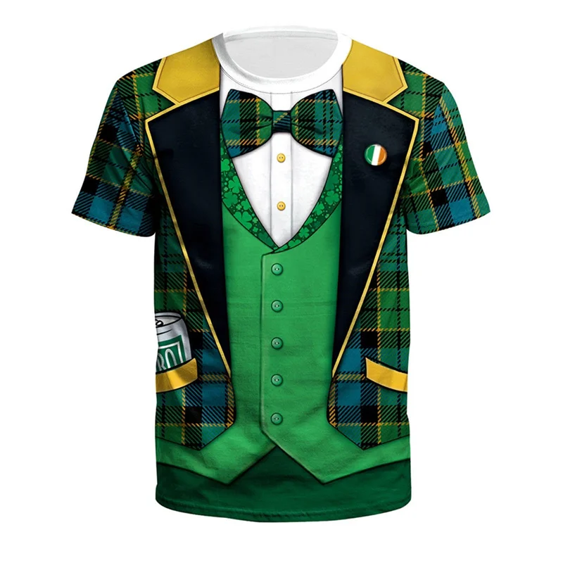 St. Patrick\'s Day T Shirt Men Loose Crew Neck Short-sleeved Tee Shirts Irish Shamrock 3d Printed Fake Tuxedo T-shirt Streetwear