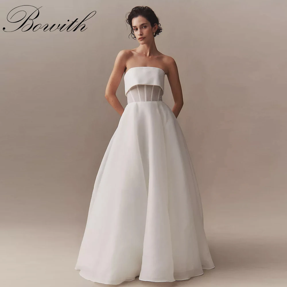 

Bowith Strapless Wedding Dresses Chapel Train vestidos de novia Customized Silk Organza Bridal Gown Backless Elegant Gown