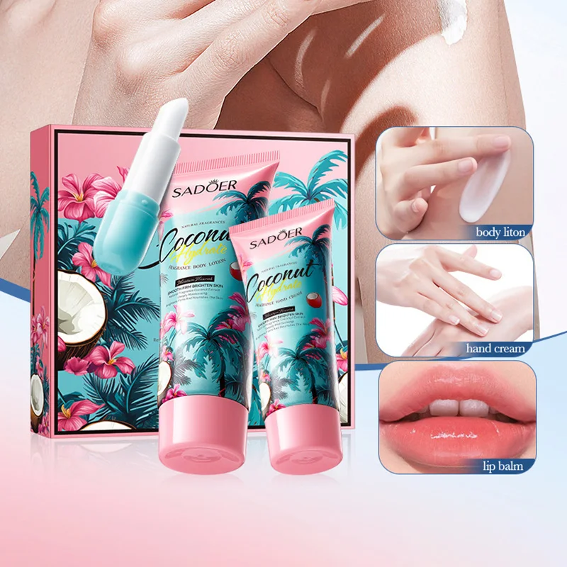 3pcs/Set SADOER Hand Cream Lip Balm Body Lotion Skin Care Sets Moisturizing Plump Lips Lipstick Lip Plumper Body Hands Skin Care