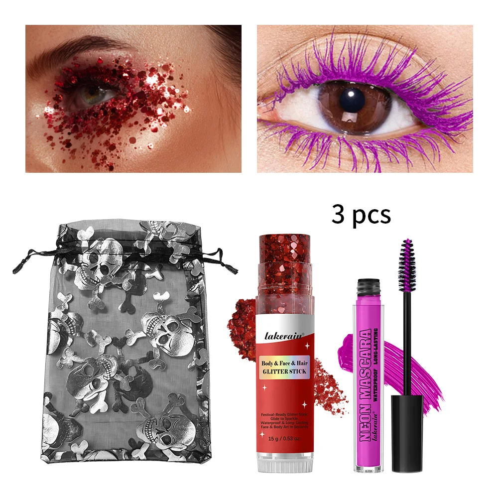 Halloween Eye Makeup Kit Purple Mascara Body Face Hair Glitter Stick with Drawstring Pouch Cosmetic Set Party Costume Festival