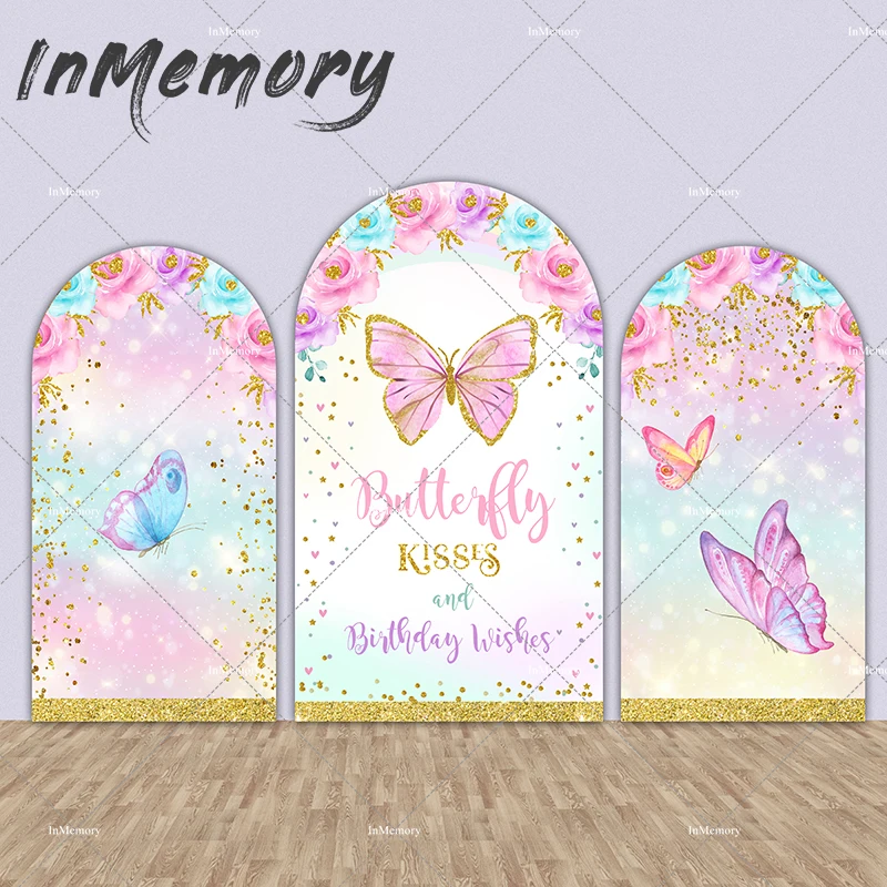 

Spring Flowers Butterfly Arched Wall Backdrop Cover for Girl Birthday Party Decoration Background