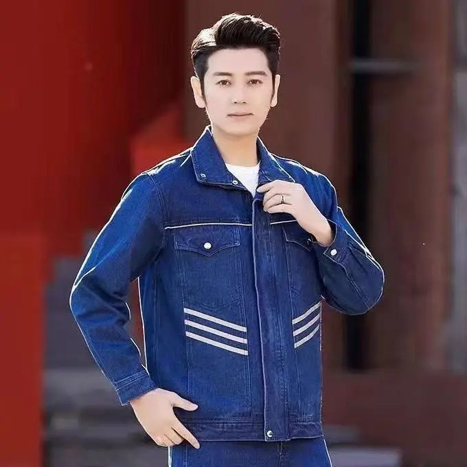 Thiened デニム作業服保護スーツ溶接純綿耐火性火傷防止耐摩耗性スリムフィットスタンド...