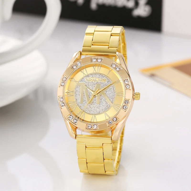 Luxury Gold Stainless Steel Women Quartz Wrist Watch Rhinestone Bezel Roman Numeral Dial Ladies Dress Wristwatch Gift