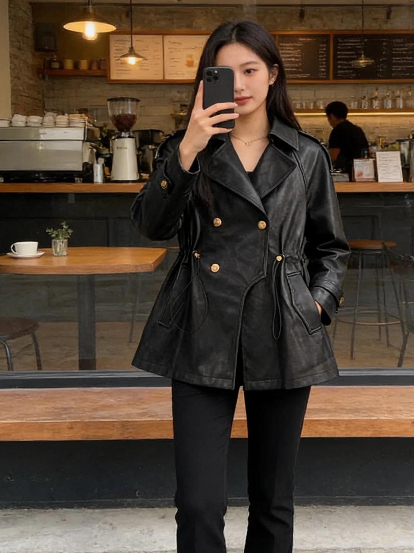 

Кожаная куртка Demov Dark Style Commute с двойным рядом пуговиц, приталенная, из искусственной кожи, для женщин, с длинными рукавами, средней длины