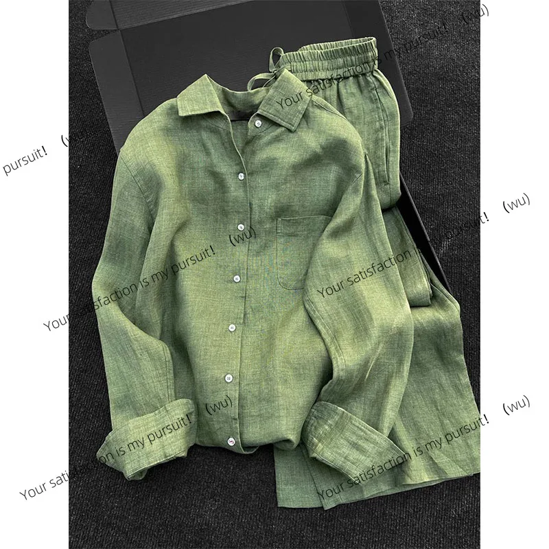 

Unique and beautiful set 2025 spring new women's high-end green shirt wide-leg pants two-piece set
