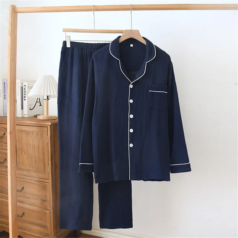 طقم بيجامات قميص بأكمام طويلة للرجال لربيع الخريف من القطن الرقيق غير الرسمي ملابس منزلية فضفاضة #3