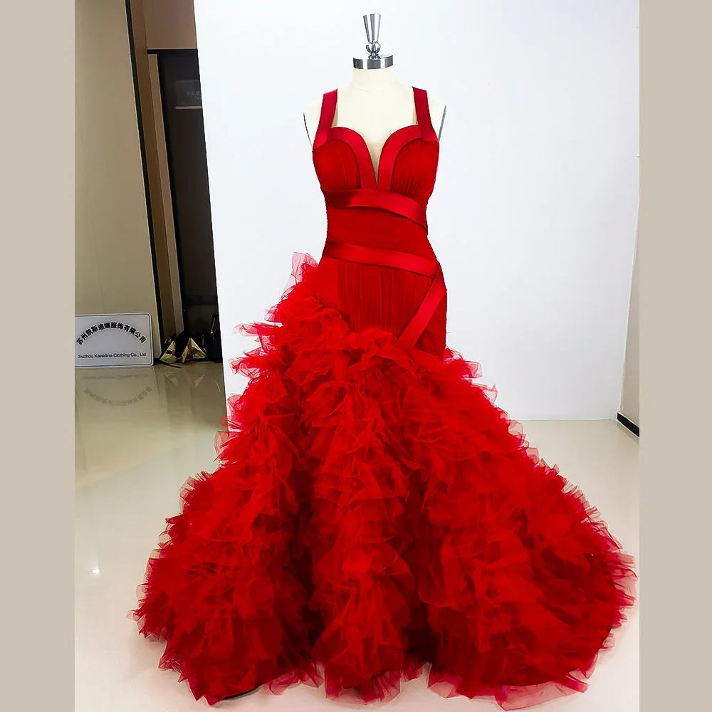 

Puff Red Organza Tiered Pleat Evening Dress Sleeveless Chapel Train Spaghetti Strapless Formal Long Prom Party Wedding Dresses