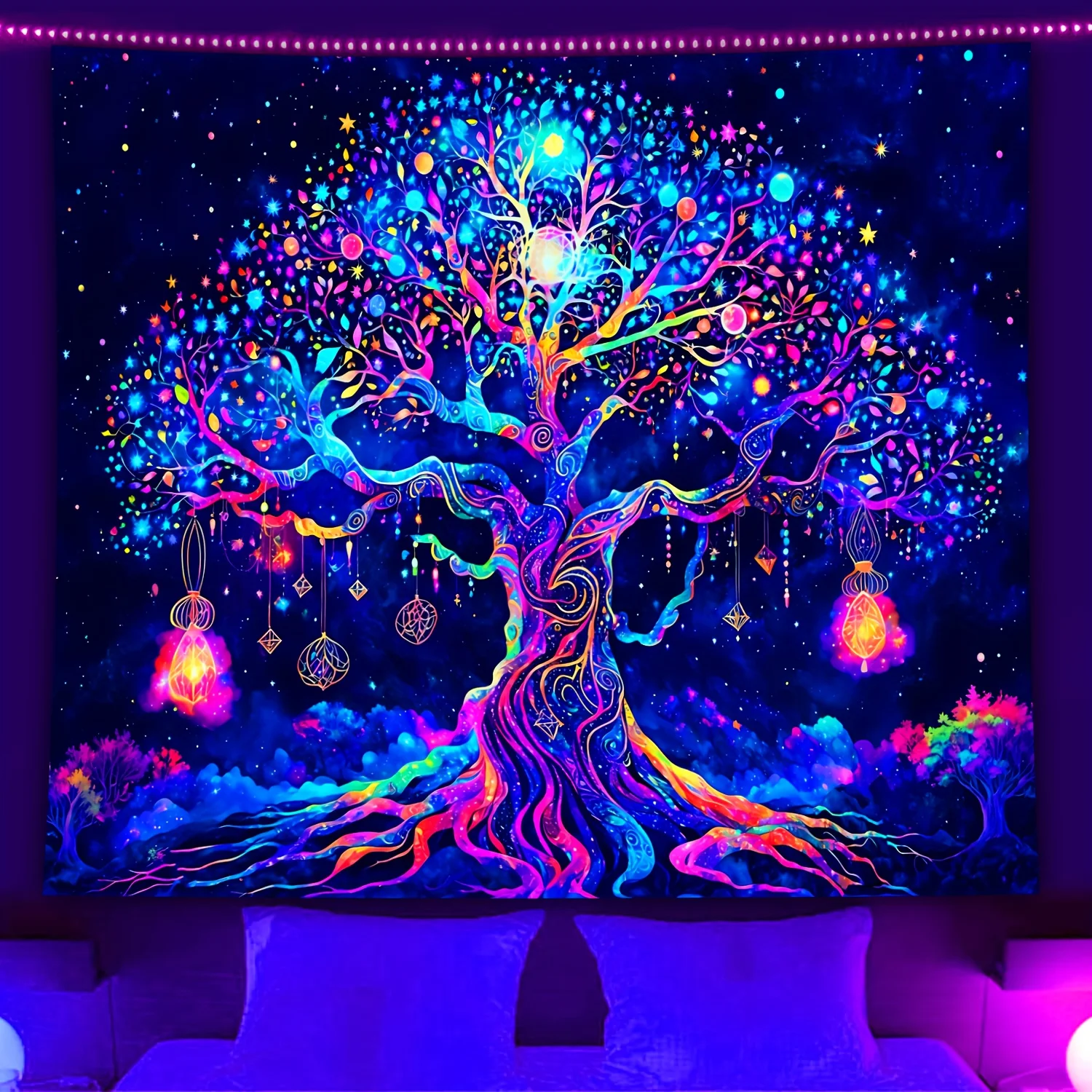 VIKAMA Fantasy Baum des Lebens Wandteppich Bohemian Wohnzimmer Dekor Spirituelle Meditation Raum Thema Sternenhimmel Baum Muster